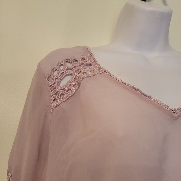 Victorias Secret Sheer Blouse M Mauve Pink Lace Detail Long Sleeve Boho V Neck - Picture 4 of 6